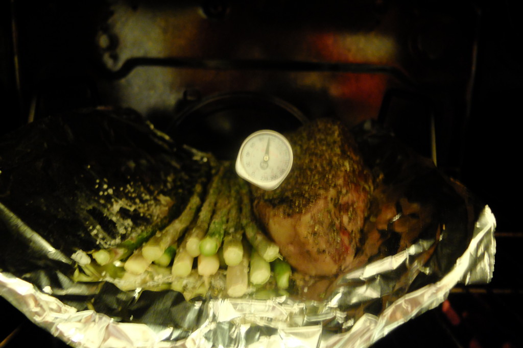 I put the steak on an angle so the juices will pool onto the asparagus, thus marinating it